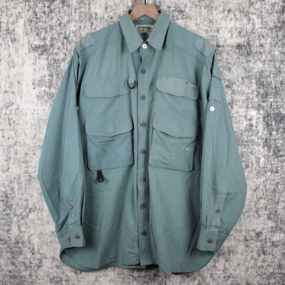 ExOfficio Vintage Mens Size LARGE Fishing Camp Shirt Long Sleeve Roll Tab Teal